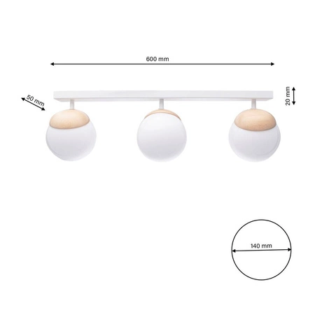 Lampa sufitowa nowoczesna szklana kula listwa SFERA WOOD III drewno/biały szer. 65cm