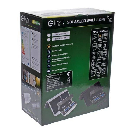 Lampa solarna BUTTERFLY czarna 6,8W barwa neutralna 4000K z czujnikiem ruchu i zmierzchu EKO3881