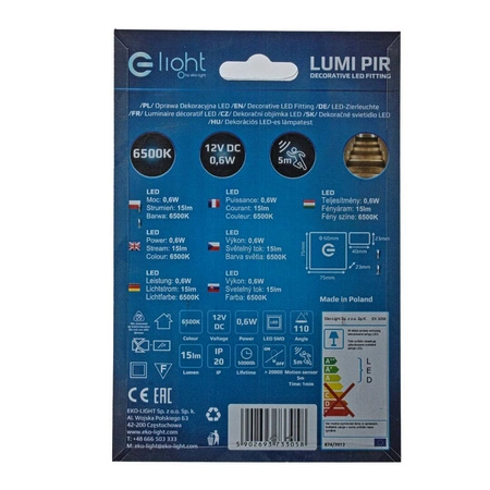 Oprawa schodowa LED 0,6W LUMI barwa zimna 6500K z czujnikiem ruchu PIR 12V EKS3058