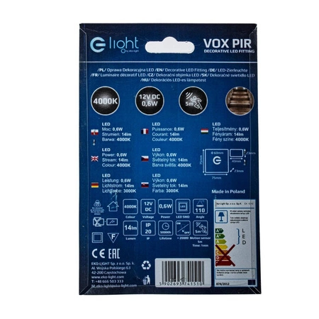 Oprawa schodowa LED 0,6W VOX barwa neutralna 4000K z czujnikiem ruchu PIR 12V EKS1510