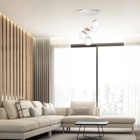 Lampa wisząca nowoczesna szklana kula SFERA WOOD V drewno/biały śr. 35cm