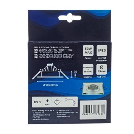 Oczko sufitowe szklane KWADRATOWE Kolor: SREBRNY EKOS270