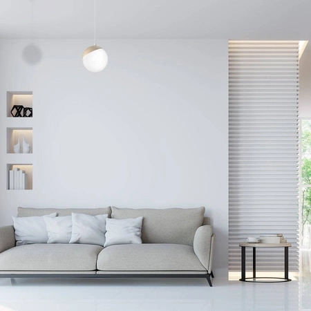 Lampa wisząca nowoczesna szklana kula SFERA WOOD drewno/biały śr. 14cm